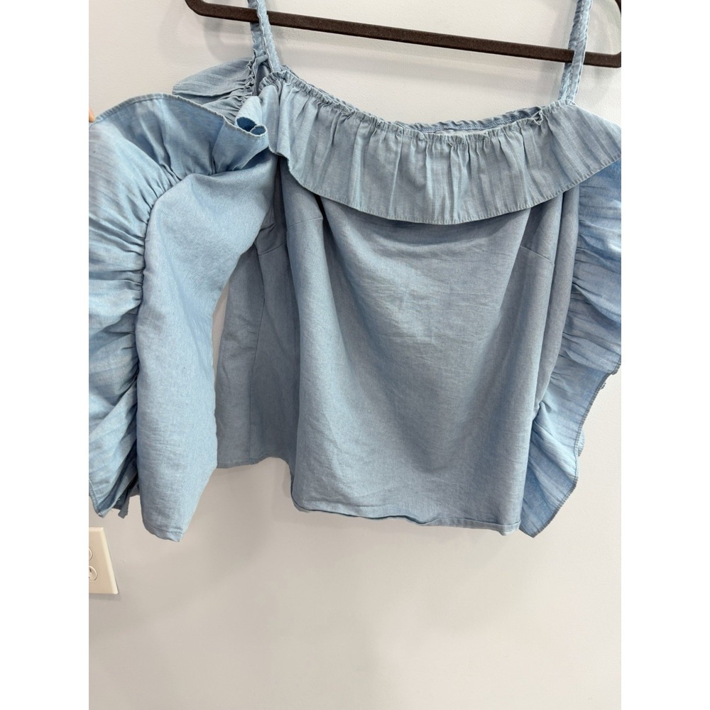 Love by Design Chambray Off Shoulder Ruffle Peasant Top Blue Medium Boho Chic - Picture 2 of 7